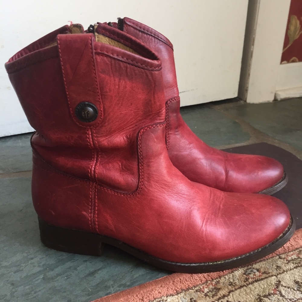 Frye Red Leather Zip Up Booties